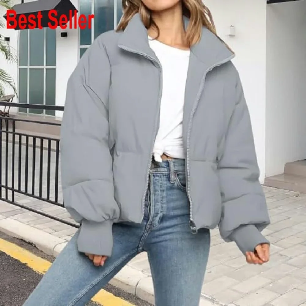 Cropped Puffer Jacket Quilted Oversized Y2K Chic Winter Coat Outerwear